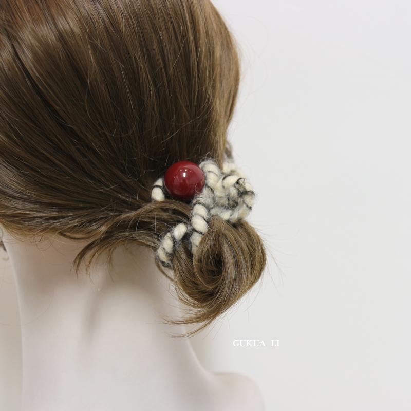 复古红色毛呢大肠发圈秋冬新款