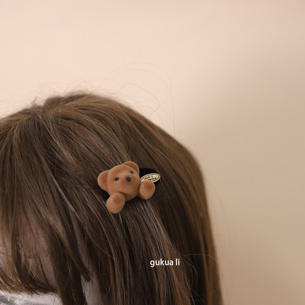 GUKUALI新款植绒小熊发夹女盘发夹子头饰发饰发卡边夹边夹夹秋冬