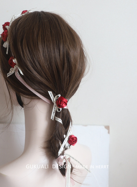 GUKUALI原创玫瑰发箍头饰红色发饰可爱头箍发带敬酒服女发卡花朵