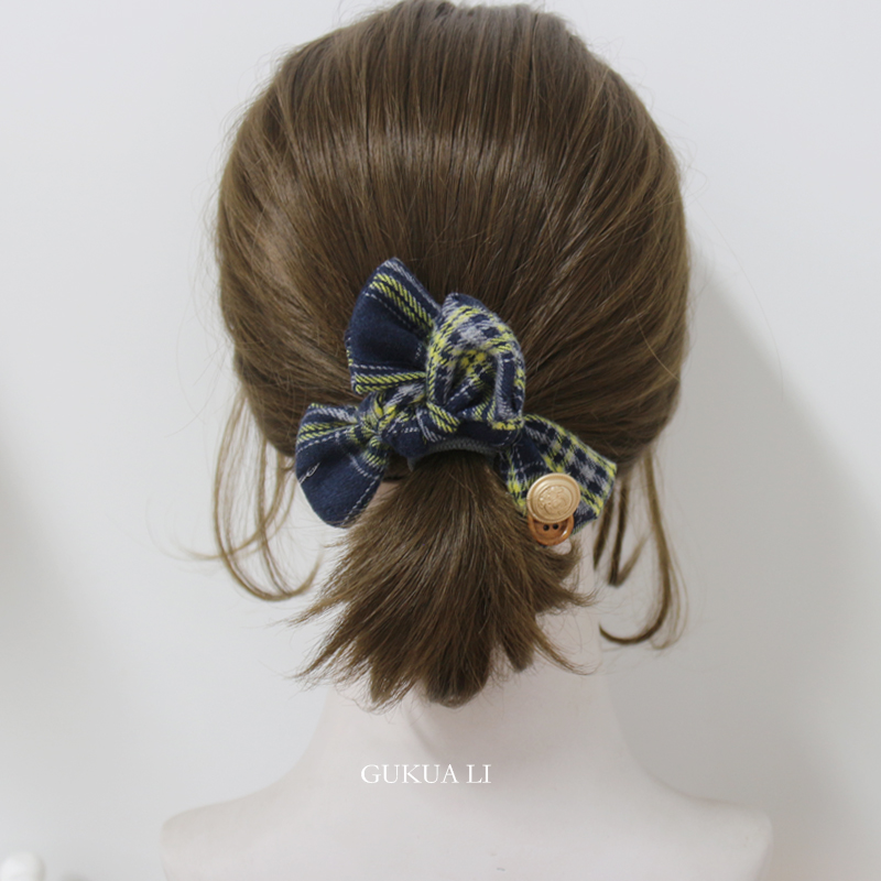 GUKUA LI 2025秋季青蓝格纹蝴蝶结橡皮筋发绳耐用百搭头饰头绳
