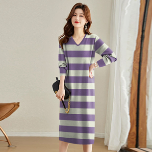 低圆领长袖 新款 中长裙条纹宽松遮肚减龄打底连衣裙 女装 2026春秋季