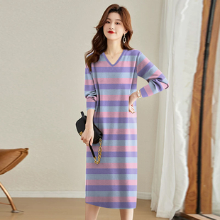 低圆领长袖 新款 中长裙条纹宽松遮肚减龄打底连衣裙 女装 2026春秋季