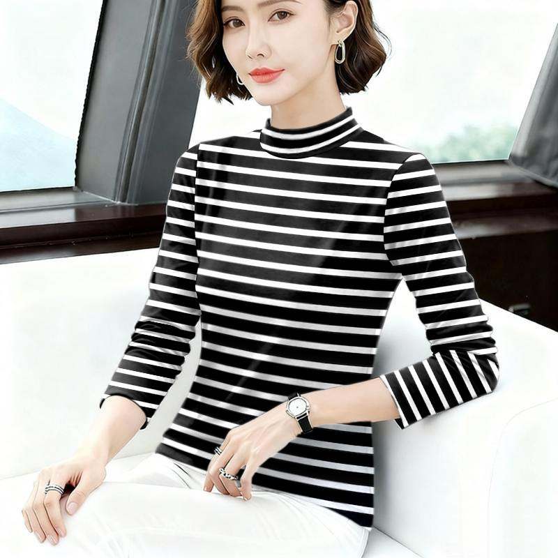 夏季薄款半高领条纹显瘦女T恤