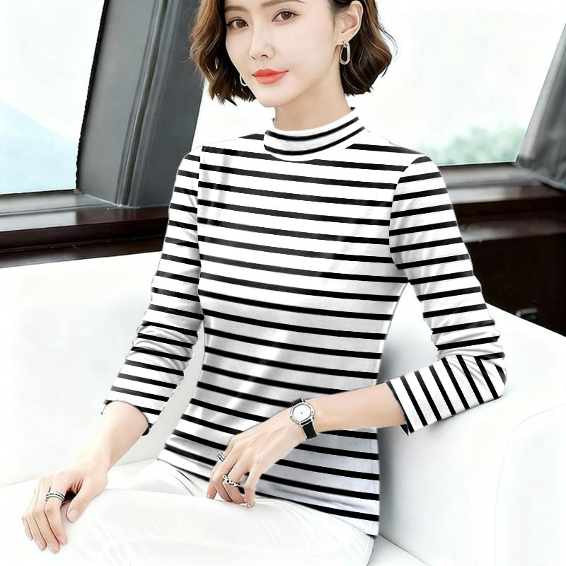 时尚女装新款2026夏季薄款半高领打底条纹长袖宽松显瘦T恤女上衣