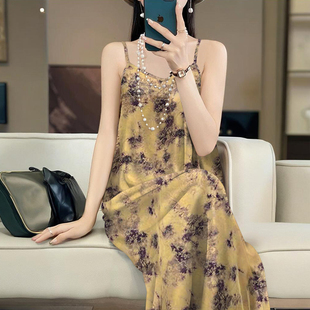 夏季法式水墨国风印花冰丝吊带连衣裙女醋酸垂感宽松显瘦A字长裙