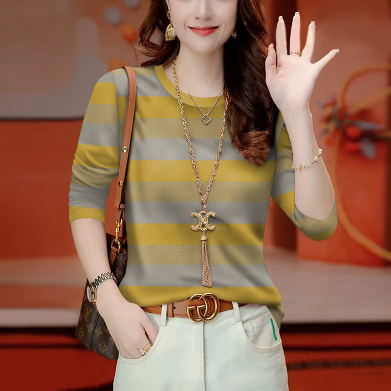 秋冬条纹宽松遮肚显瘦长袖T恤