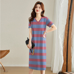 遮肚子过膝显瘦中长款 休闲宽松大码 T恤裙 新款 条纹连衣裙女夏季