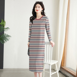 上新~条纹长袖连衣裙女春秋季新款休闲慵懒风长款宽松显瘦长裙子
