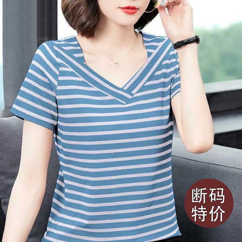 夏季新款条纹短袖t恤女设计感宽松显瘦体恤打底休闲正肩v领上衣女