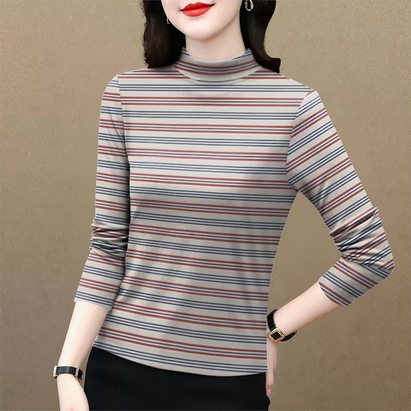 上新~2026女装新款春秋薄款半高领打底条纹长袖宽松显瘦T恤女上衣