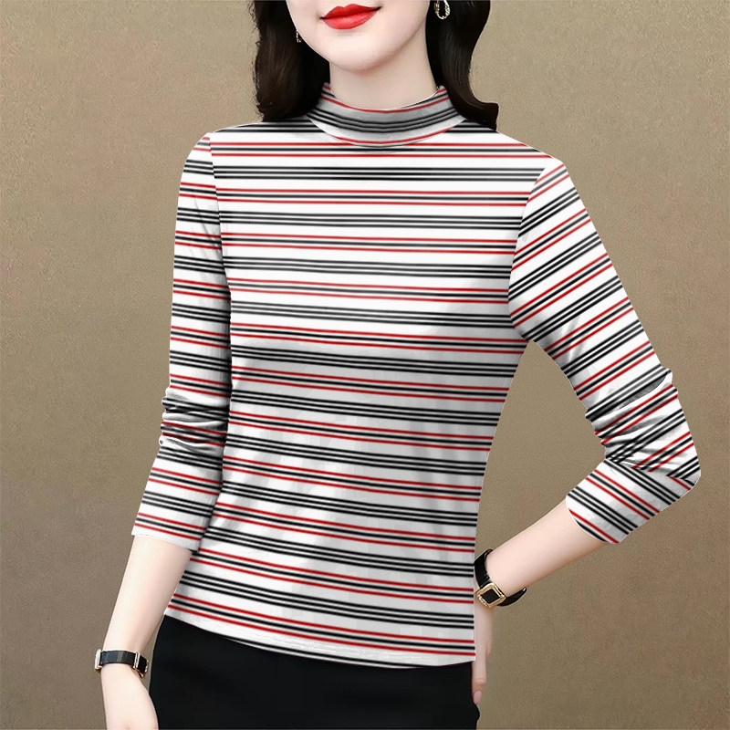 春秋薄款半高领条纹显瘦女T恤