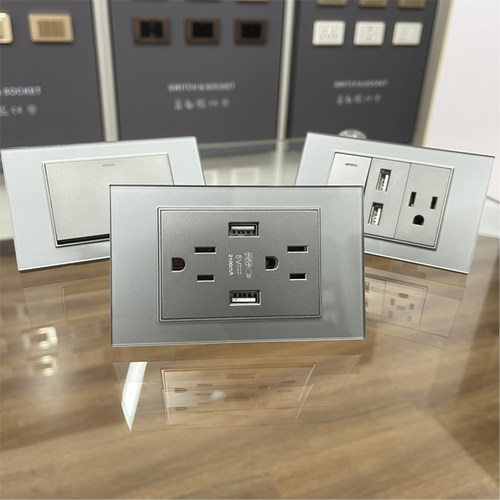 美规118型台湾15A六孔USB+Type-c快充灰钢化玻璃美标110v电源插座