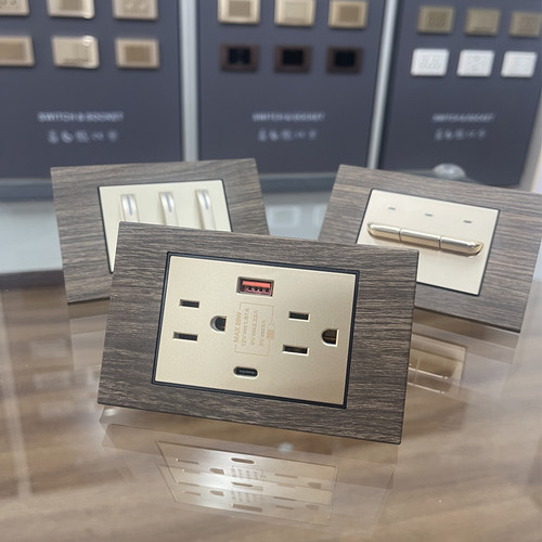 台湾110v美标15A电源六孔插座美规118型金属复古木纹USB+Type-c