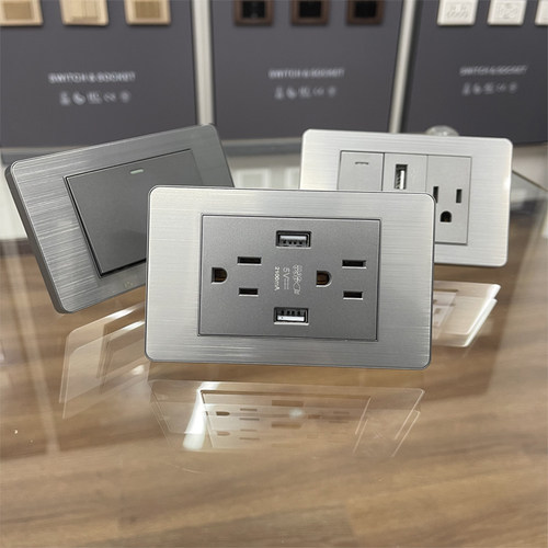 台湾118型美标不锈钢灰色六孔15A美规插座带Type-c快充110v面板