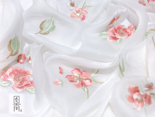 欧根纱汉服布料国风芍药绣花
