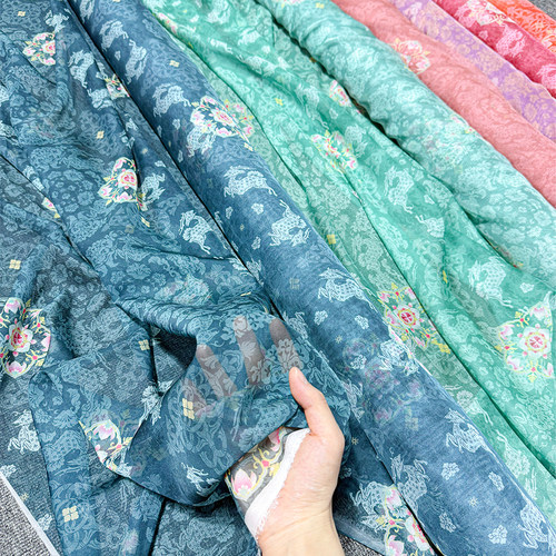 图南原创春园瑞鹿团花印花布料汉服古风襦裙童装裙服装设计师diy