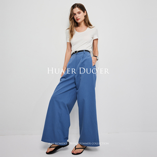Hua'erDuo'er2024夏季新款设计感腿长无边际纯棉阔腿休闲长裤女