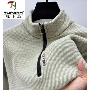 啄木鸟半拉链加绒加厚卫衣男士冬季保暖休闲长袖立领打底衫外套