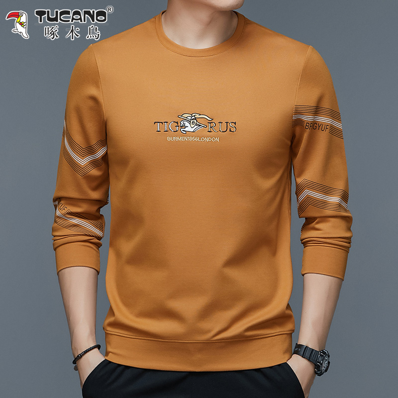 啄木鸟男士长袖t恤宽松休闲印花丝光棉卫衣春秋新款上衣打底衫男