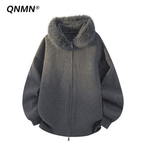 QNMN秋冬美式复古连帽开衫毛衣男