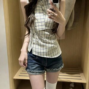 夏季格子无袖上衣女收腰显瘦衬衫