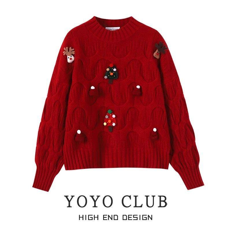 2025年冬季红色圣诞毛衣女新年加厚保暖圆领立体装饰长袖针织衫,女装/女士精品,羊绒衫,淘宝优惠券,粉丝福利购,淘宝优惠卷