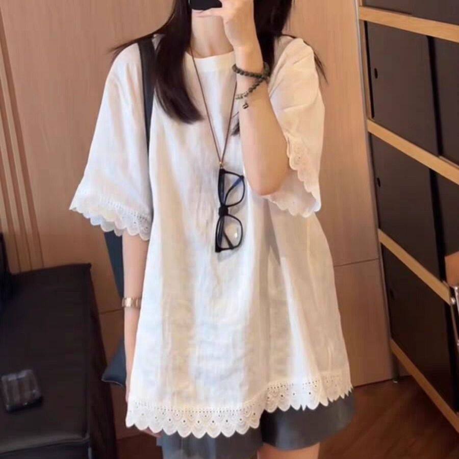 大码白色蕾丝宽松显瘦短袖T恤女