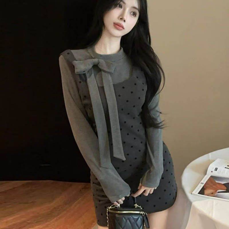 千金风蝴蝶结飘带圆领长袖波点背带裙女冬季减龄假两件套时尚百搭,女装/女士精品,时尚套装,淘宝优惠券,粉丝福利购,淘宝优惠卷