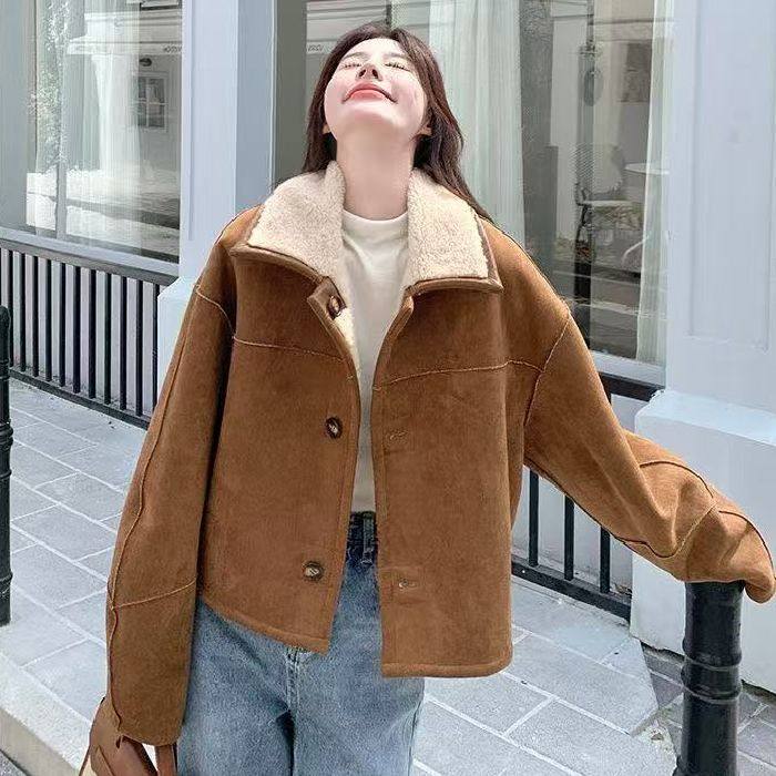 美拉德风双面穿麂皮绒外套女秋冬羊羔毛皮毛一体加厚短款翻领纽扣,女装/女士精品,短外套,淘宝优惠券,粉丝福利购,淘宝优惠卷