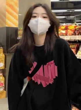 黑色圆领卫衣女休闲宽松长袖卫衣小众潮牌印花长袖百搭通勤上衣