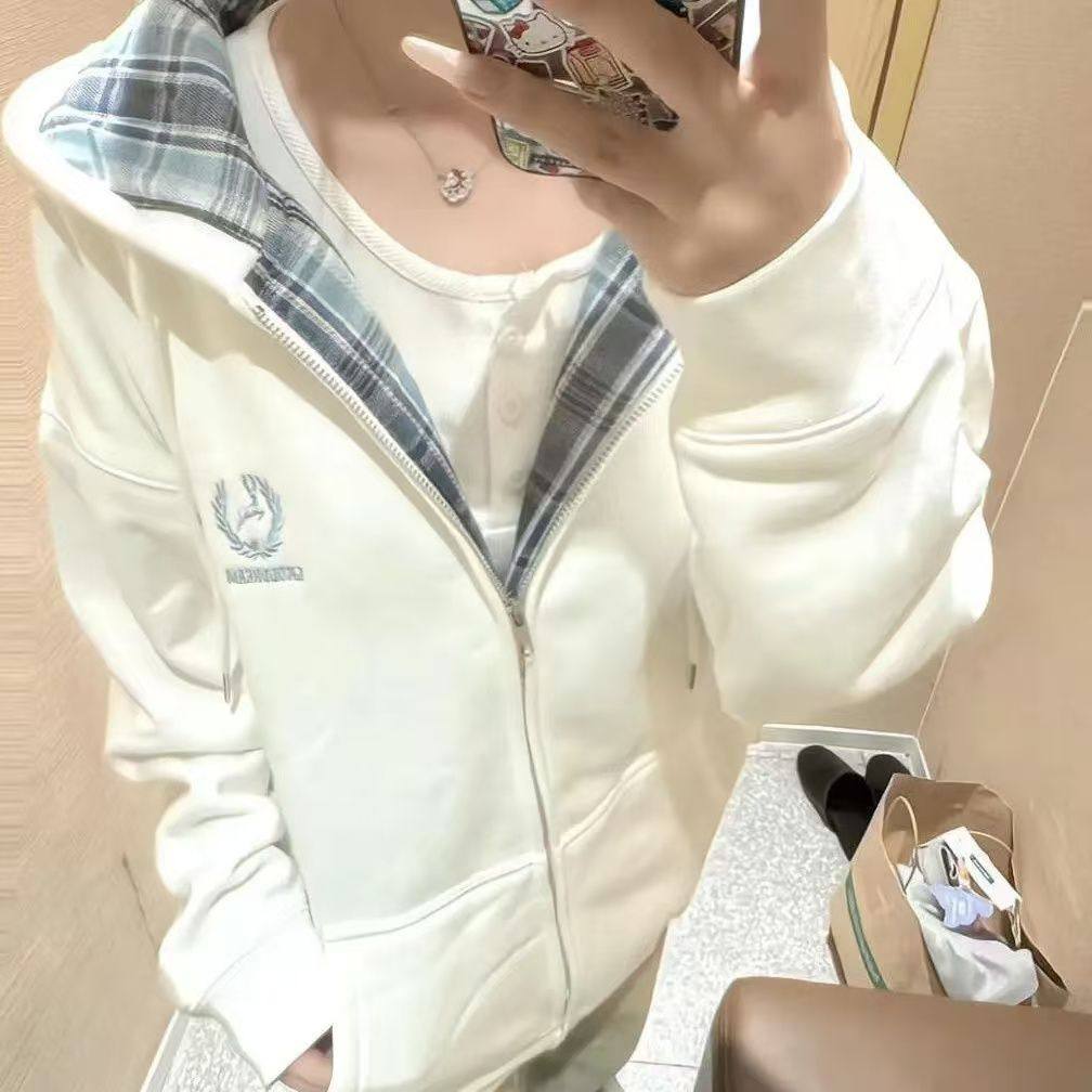 美式复古格子拼接连帽卫衣女宽松显瘦拉链开衫外套