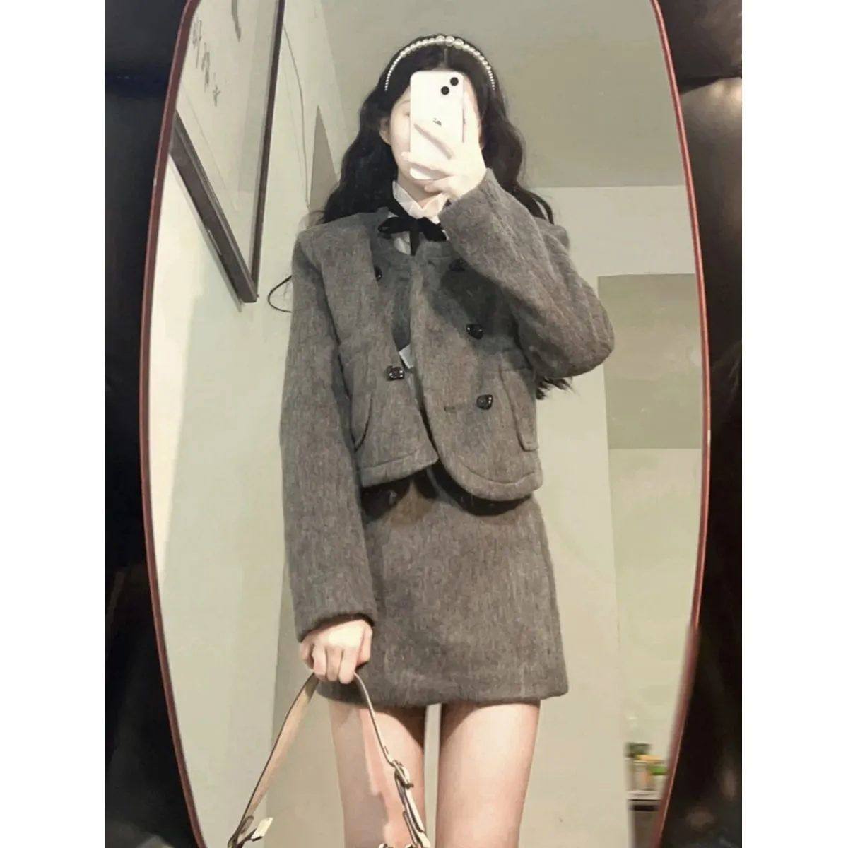 秋冬高级感灰色毛呢套装女小个子短款高腰显瘦 A 字裙学院风外套,女装/女士精品,时尚套装,淘宝优惠券,粉丝福利购,淘宝优惠卷