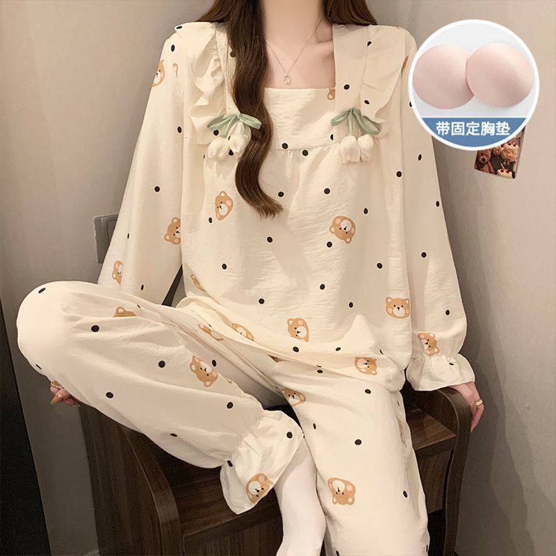 甜美风卡通波点小熊睡衣女长袖方领带胸垫家居服套装,女士内衣/男士内衣/家居服,睡衣/家居服套装,淘宝优惠券,粉丝福利购,淘宝优惠卷