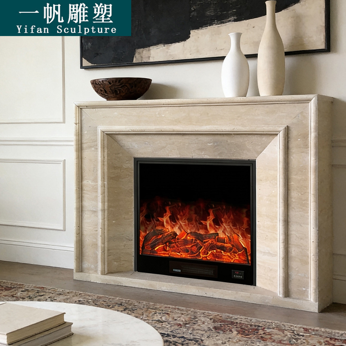 天然大理石壁炉法式美式复古诧寂风洞石壁炉客厅中古家具石材壁炉