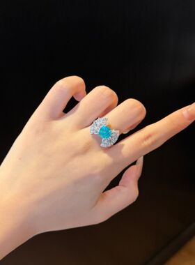 跨境新品925纯银帕拉伊巴宝石戒指霓虹蓝豪镶高级感欧美重工镶嵌