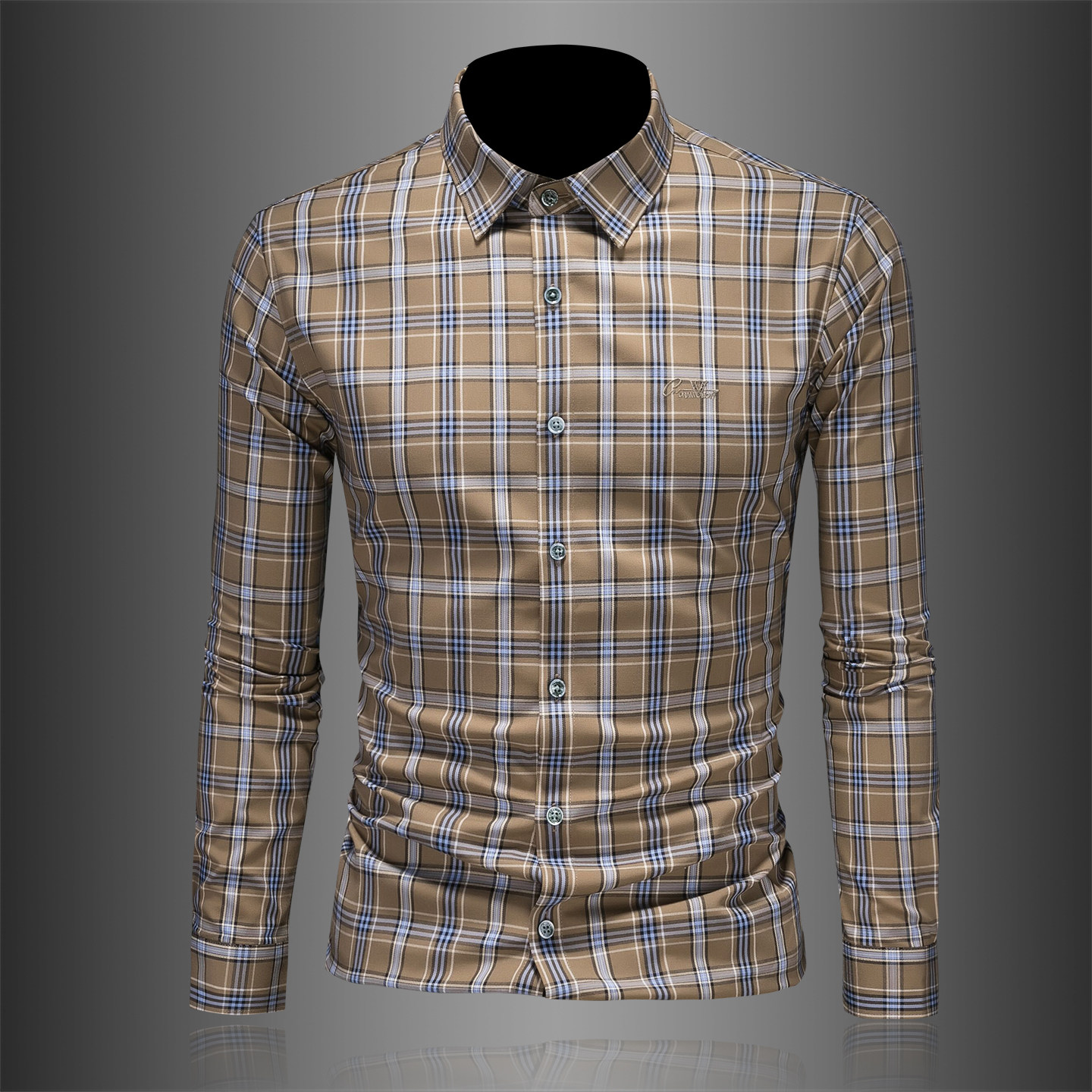 2026年男春秋季新款格子长袖衬衫时尚潮牌修身印花衬衣A9266P130，男装衬衫，电商D220