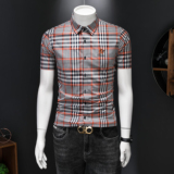 2026男士潮流新款修身格子刺绣衬衣青年短袖衬衫H3537P120，男装T恤，电商D220