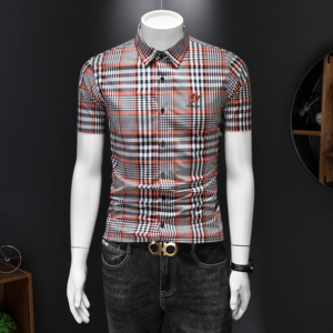 2026男士潮流新款修身格子刺绣衬衣青年短袖衬衫H3537P120，男装T恤，电商D220