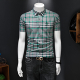 2026男士潮流新款修身格子刺绣衬衣青年短袖衬衫H3537P120，男装T恤，电商D220