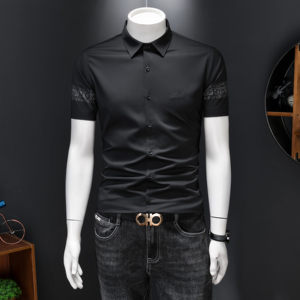 2026男潮流新款修身莫代尔暗花纹印花衬衣青年短袖衬衫H3363P120，男装T恤，电商D220