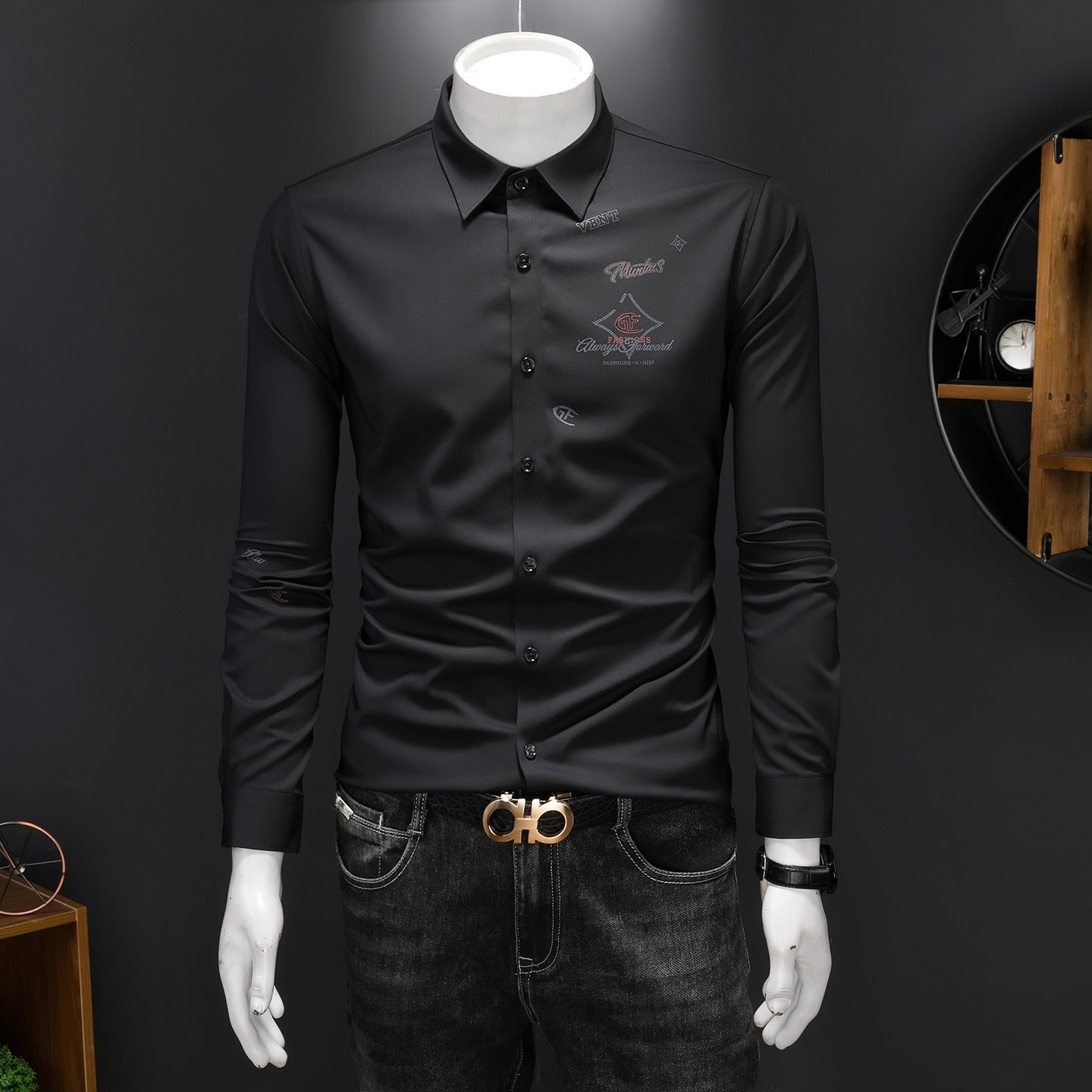 2026年男春秋季新款白色长袖衬衫时尚潮牌修身印花衬衣A9212P130，男装衬衫，电商D220