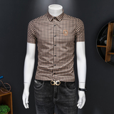 2025年男士夏季新款欧货格子刺绣短袖衬衫翻领半袖衬衣H302P125，男装衬衫，电商D220
