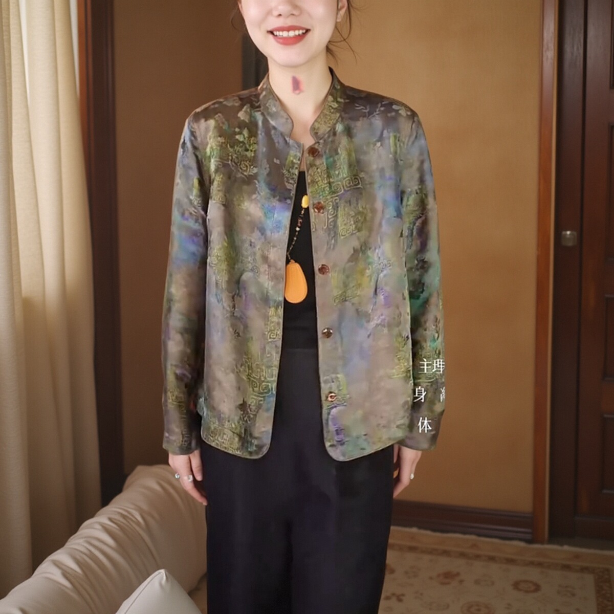 新中式国风印花真丝上衣女