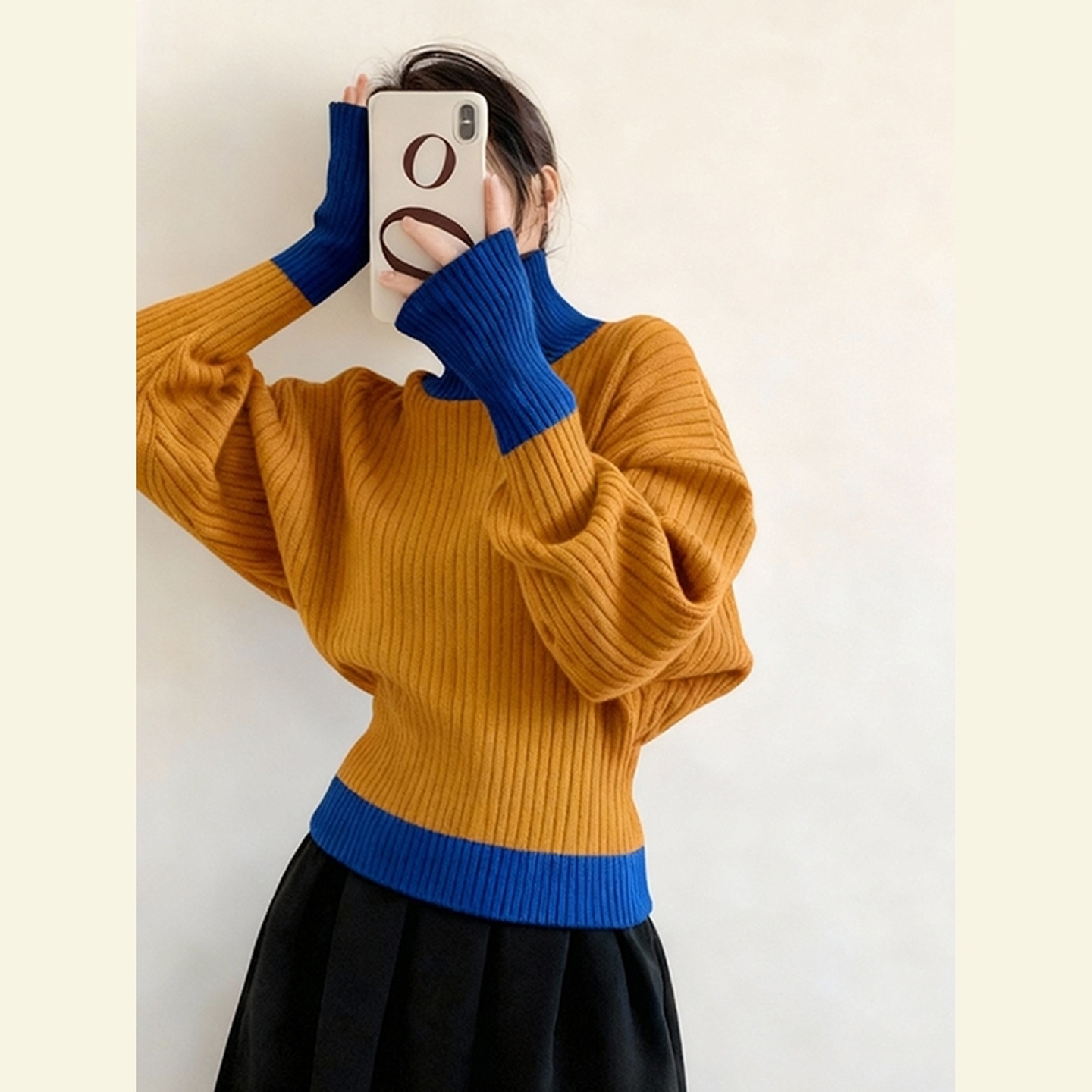 巨好看黄蓝撞色高领毛衣