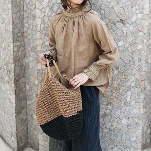 衬衫 2025秋新女 复古文艺棉麻亚麻蕾丝边高领长袖 大码 日系韩版