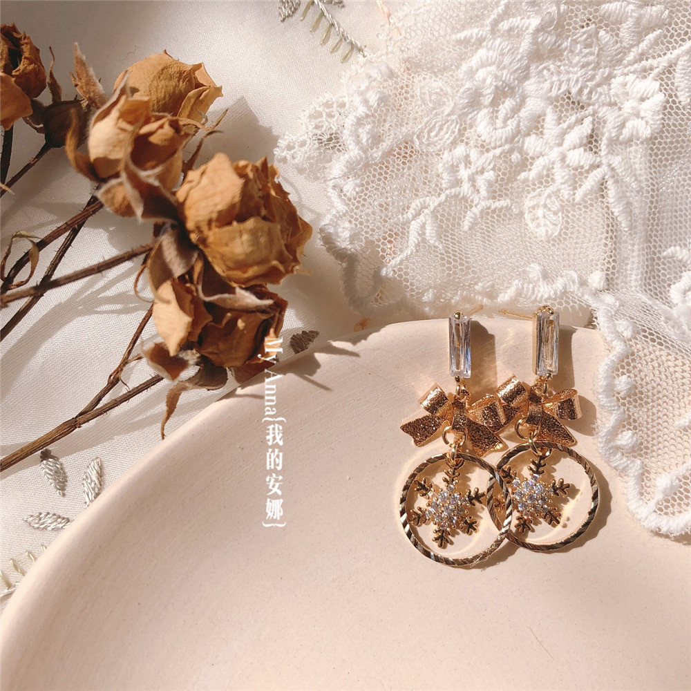 原创手作/梦里雪花 原创14K镀金日系少女雪花磨砂蝴蝶结耳钉耳夹