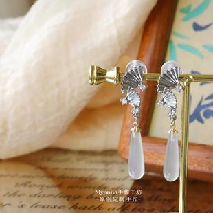 月中仙|白玛瑙 原创新中式天然冰种白玛瑙清冷感耳环无耳洞耳夹