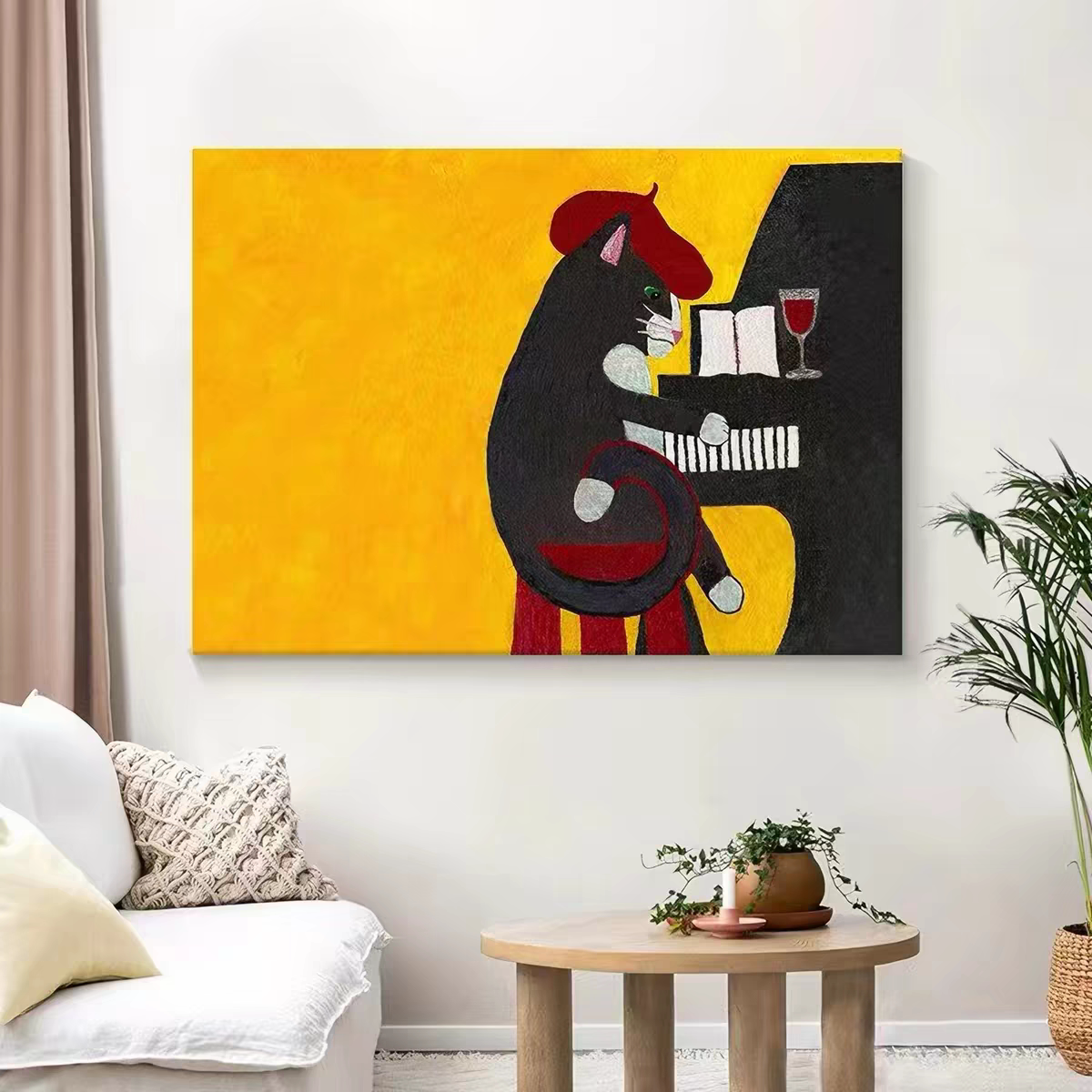 MUMO.手绘油画创意猫咪钢琴装饰画玄关黄色简约动物挂画客厅挂画