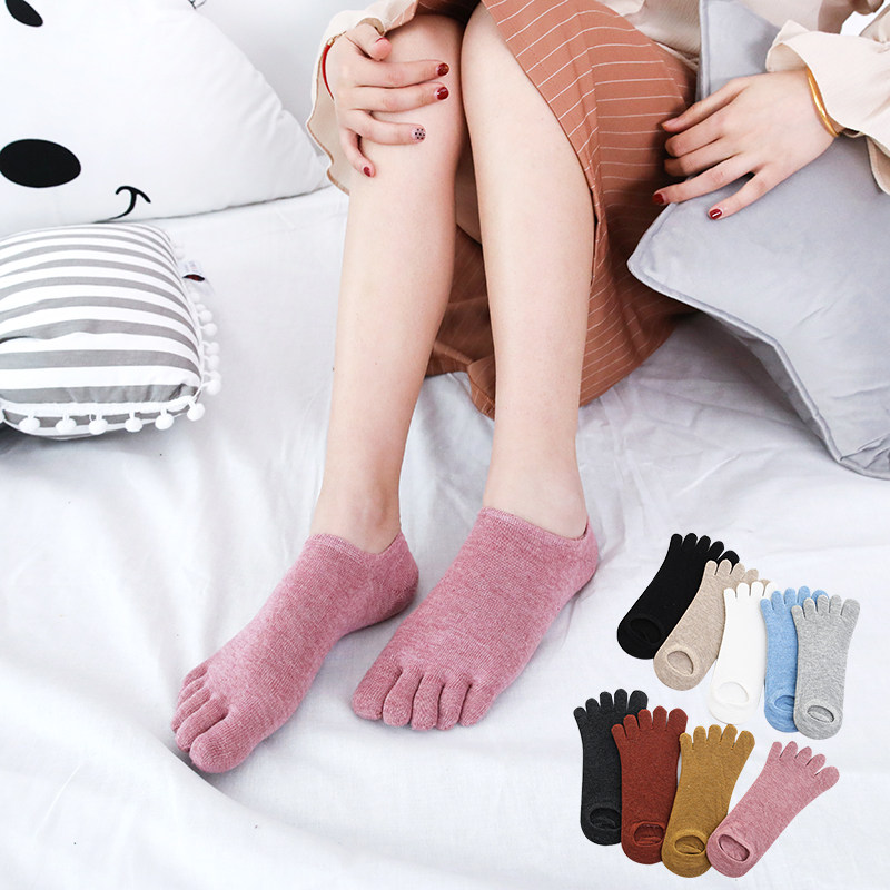 春夏季薄款浅口隐形五指袜女式纯色透气防臭纯棉防滑分指船袜