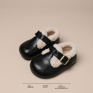 冬季女童加绒勃肯鞋儿童皮鞋黑色婴儿学步鞋保暖男童棉鞋女宝冬鞋